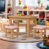 Mesinha Infantil Madeira Maciça 88x54 Com 4 Banquetas Nogueira Com Estofado Rosa Puzao Shop Jm