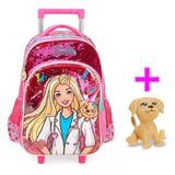 Mochila Escolar De Rodinhas Barbie Veterinária Rosa Luxcel