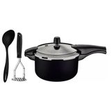 Jogo De Panela Pressão 6l Alumínio Antiaderente Preto Com Amassador Inox E Concha Tramontina