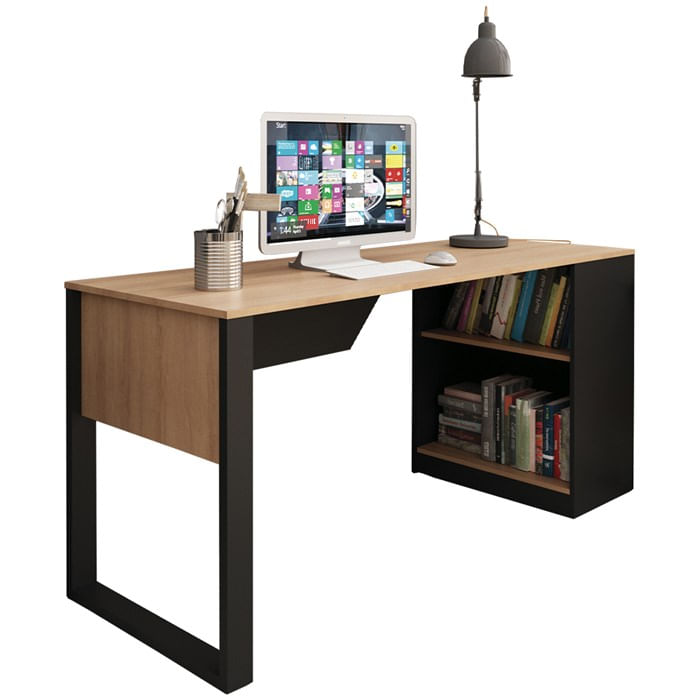 Escrivaninha Mesa Escritorio 2 Prateleiras Me4182 Amendoa Preto Tecno Mobili