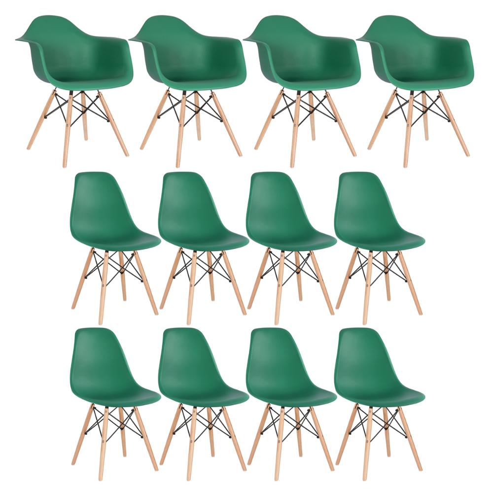 Conjunto 4 X Cadeiras Eames Daw Com Braços + 8 Cadeiras Eiffel Dsw - Verde Escuro