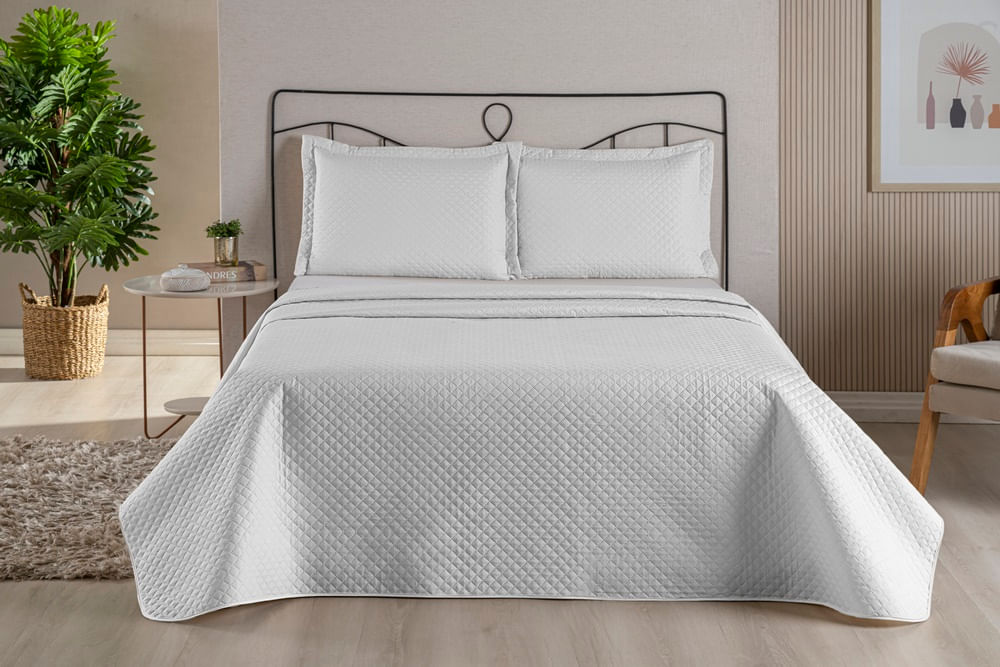 Colcha Cobre Leito Casal Queen 3 Pç Dubai Liso Matelado Branco