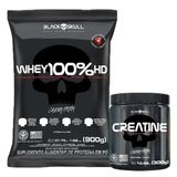 Kit Whey 100% Hd 900g Refil Sabor Morango Black Skull + Creatina Monohidratada 300g Black Skull