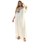 Vestido Kaftan Longo Indiano Feminino Bordado Floral Frontal Off White, G