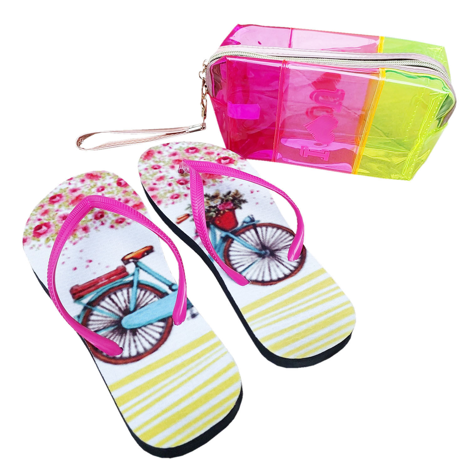 Chinelo Feminino Personalizado Estampado Borracha + Necessaire Transparente Colorida