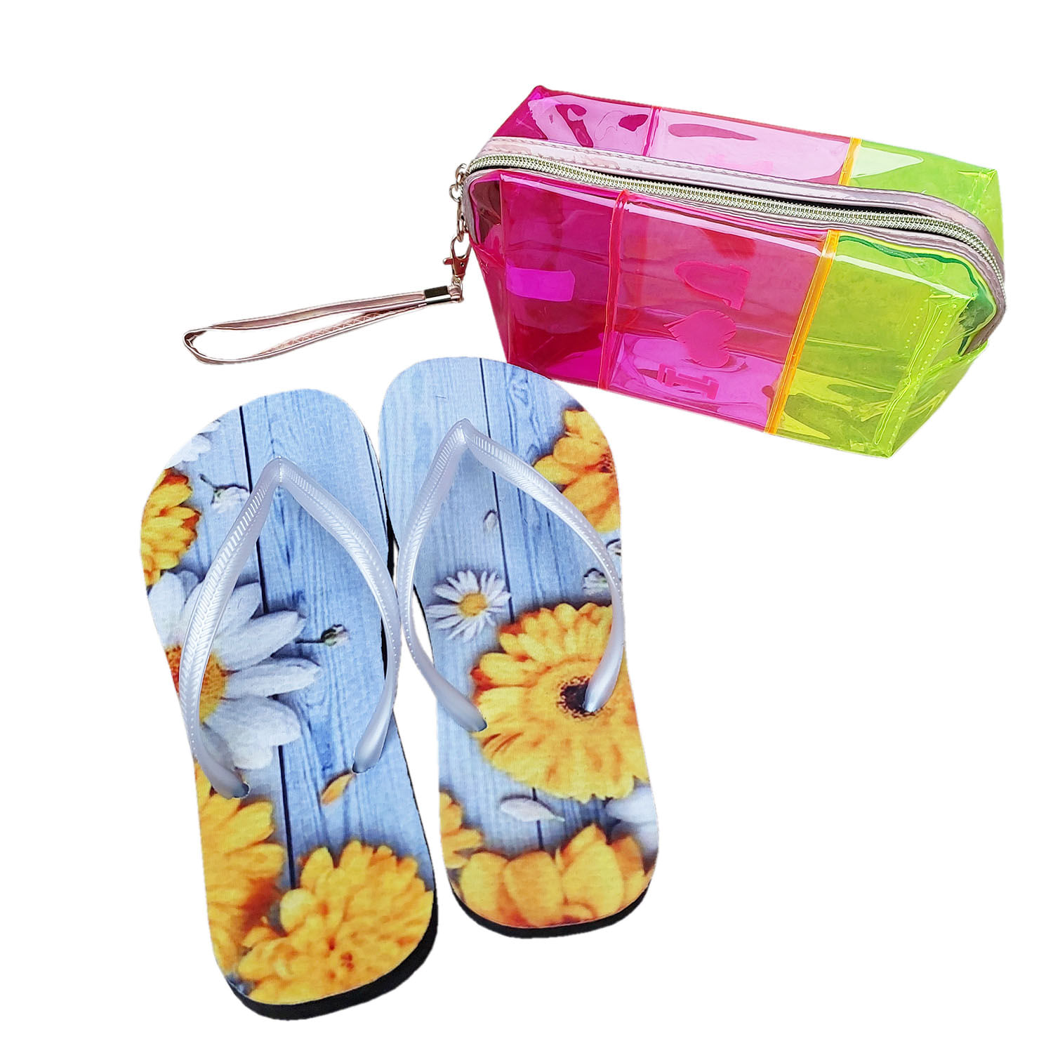 Chinelo Feminino Personalizado Estampado Borracha + Necessaire Transparente Colorida