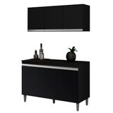 Armário Aéreo E Balcão Gabinete Cozinha Manu 120cm Com Tampo 3 Portas Preto - Desk Design