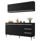 Balcão Gabinete Andréia Com Tampo 150cm 3 Portas E Armário Aéreo 4 Portas Preto - Desk Design