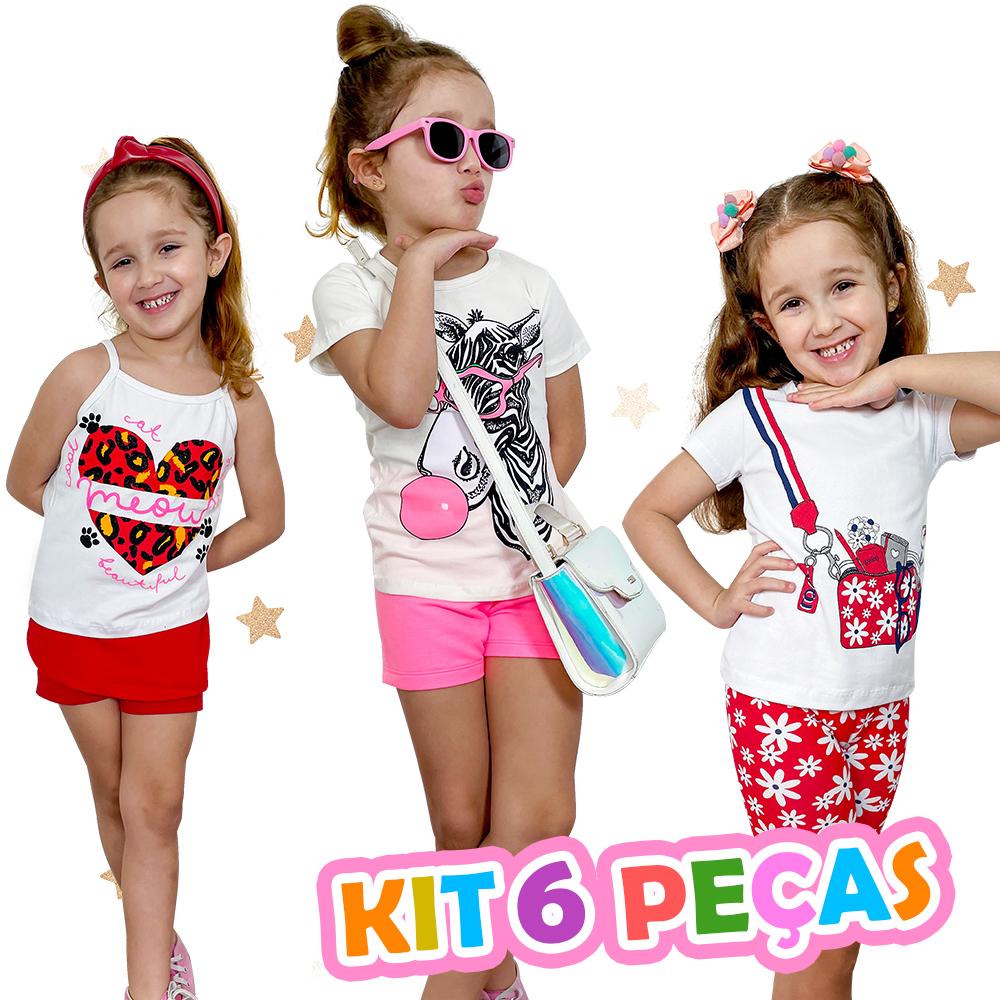 Kit 3 Conjuntos Infantil Menina 6 Peças Camisetas E Shorts - 10 - Sortido