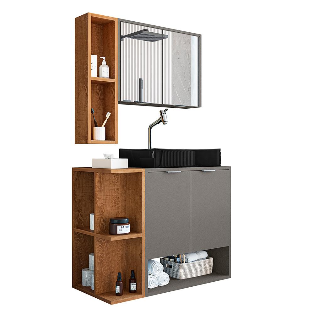 Gabinete Banheiro Star Com Espelheira E Cuba Dalla Preta Titanium/naturale