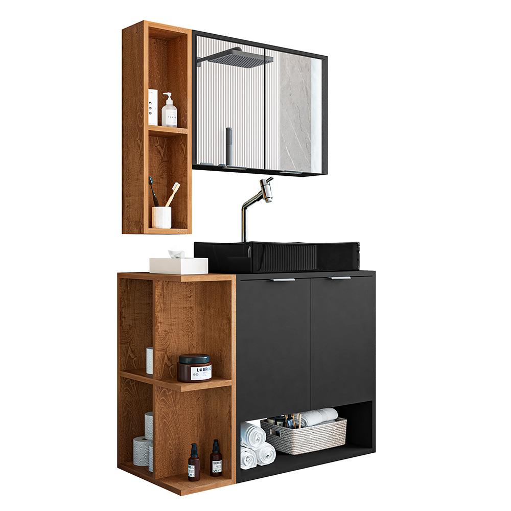 Gabinete Banheiro Star Com Espelheira E Cuba Dalla Preta Preto Fosco/naturale