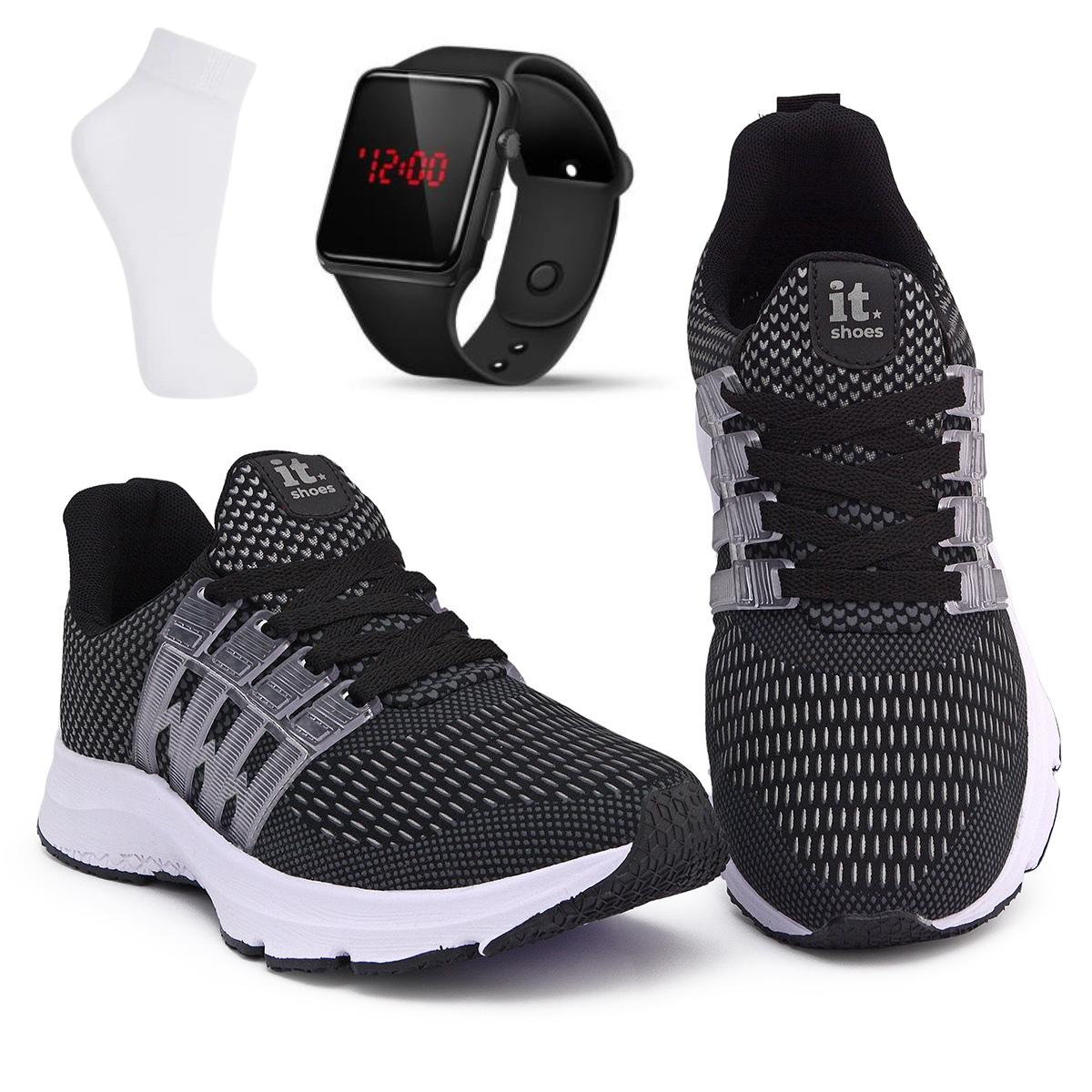 Kit Tênis Academia Masculino + Relógio Digital Led + Meia Preto 42