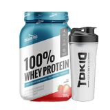 Kit Whey Protein 100% Whey Pote 900g Sabor Morango + Coqueteleira Tokio Transparente 600ml