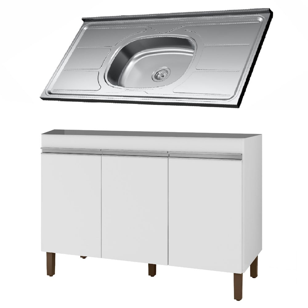 Balcão Gabinete Com Pia 120cm 3 Portas Karen P14 Branco - Mpozenato