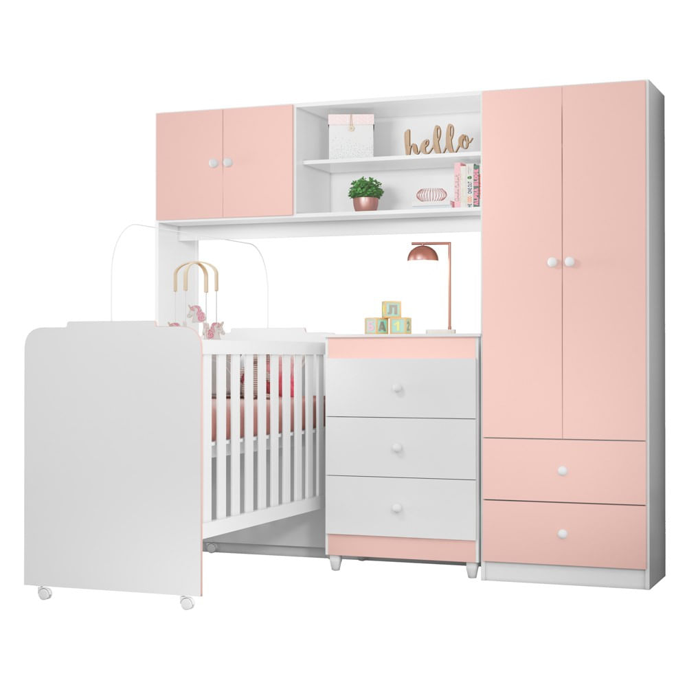 Quarto De Bebê Cômoda E Conjugado Belle Com Berço Amour P14 Branco/rosa - Mpozenato