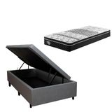 Cama Box Solteiro Baú Courino Linho Cinza 88x188 Com Colchão Gransleep Molas Verticoil Ecoflex