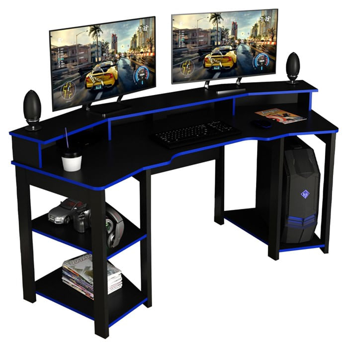 Mesa Gamer Cockpit 3 Prateleiras Me4167 Preto Azul Tecno Mobili