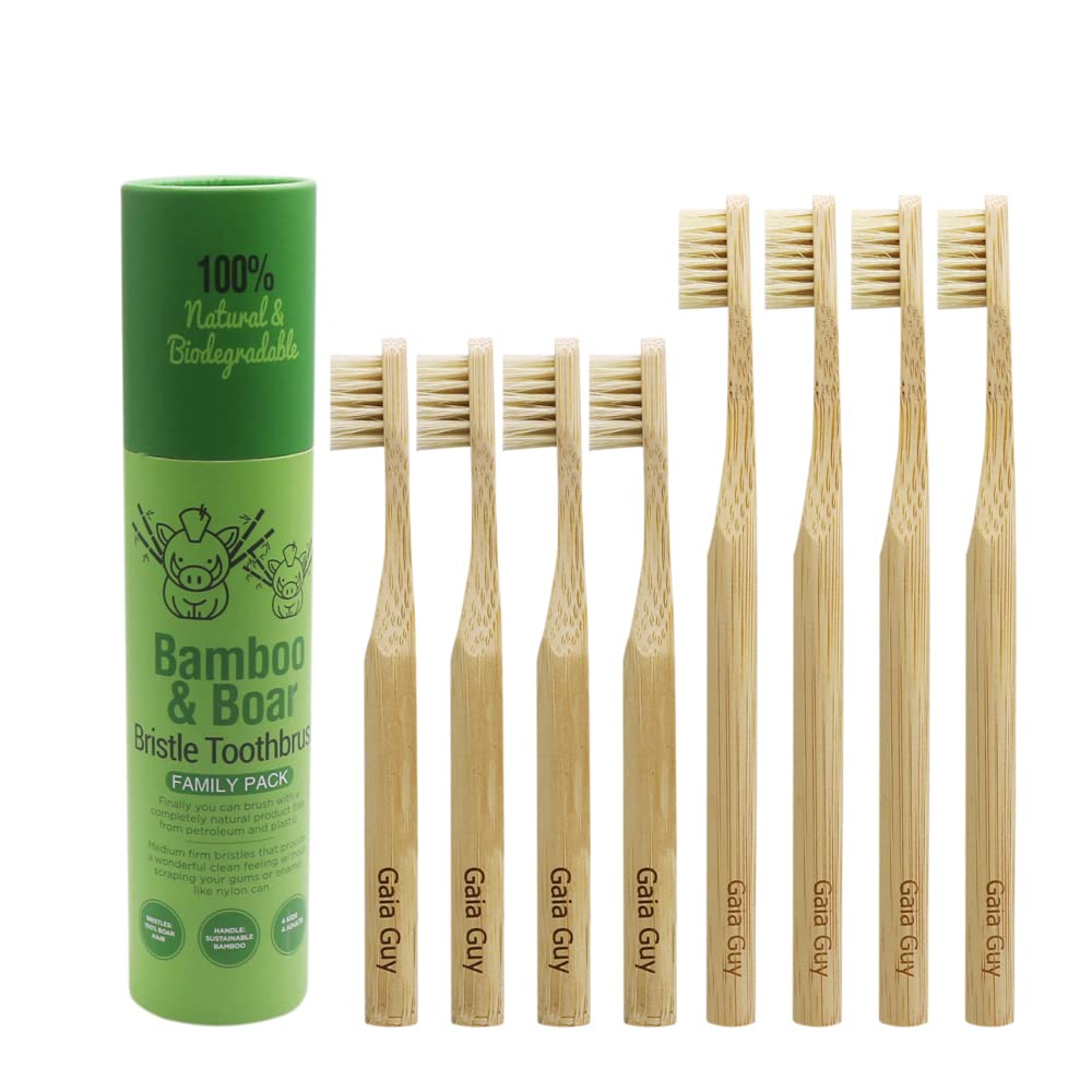 Escova De Dentes Gaia Guy Bamboo Boar Bristle Pacote Familiar De 8 Unidades