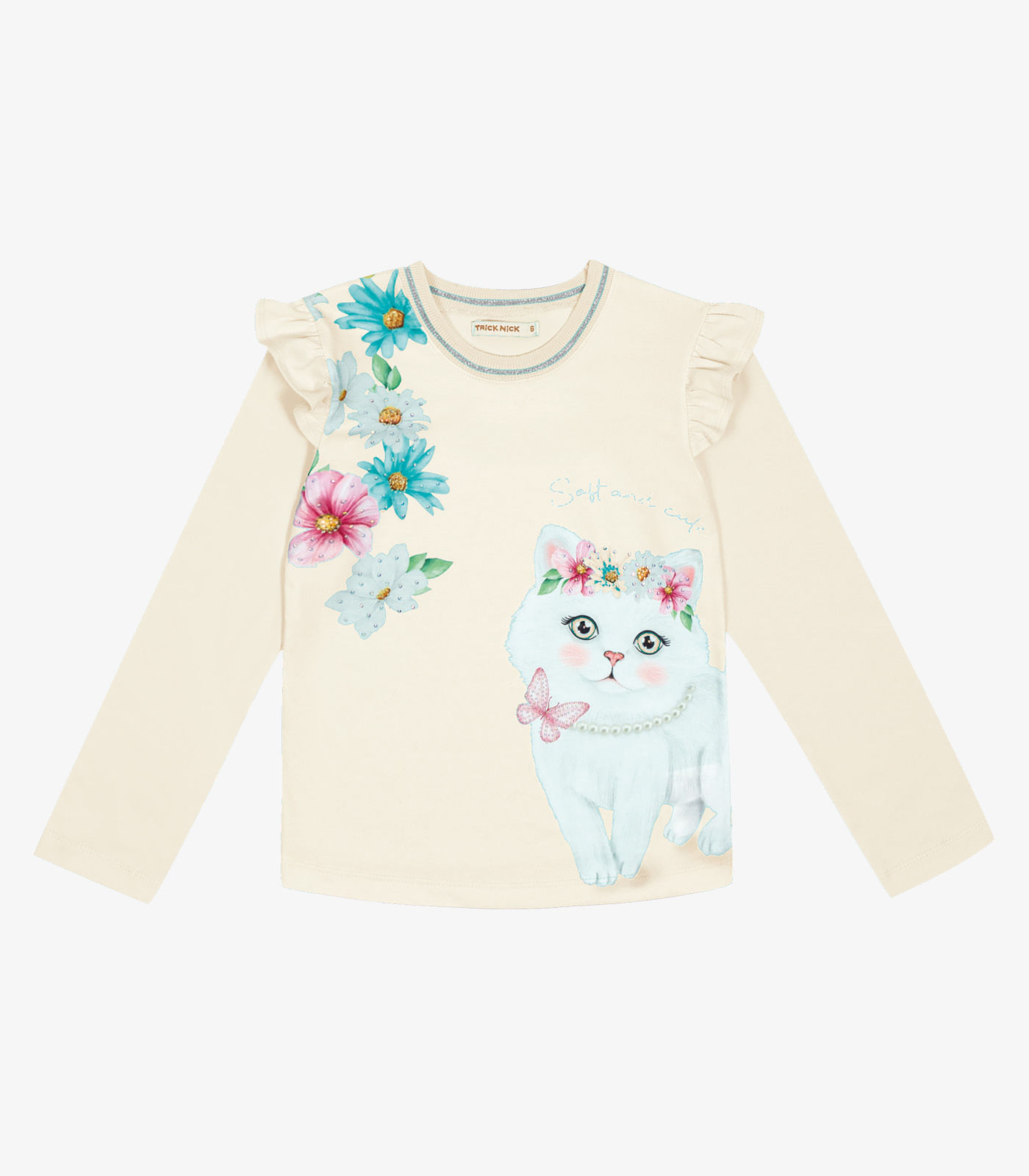Blusa Manga Longa Infantil Gatinho Trick Nick Bege 2