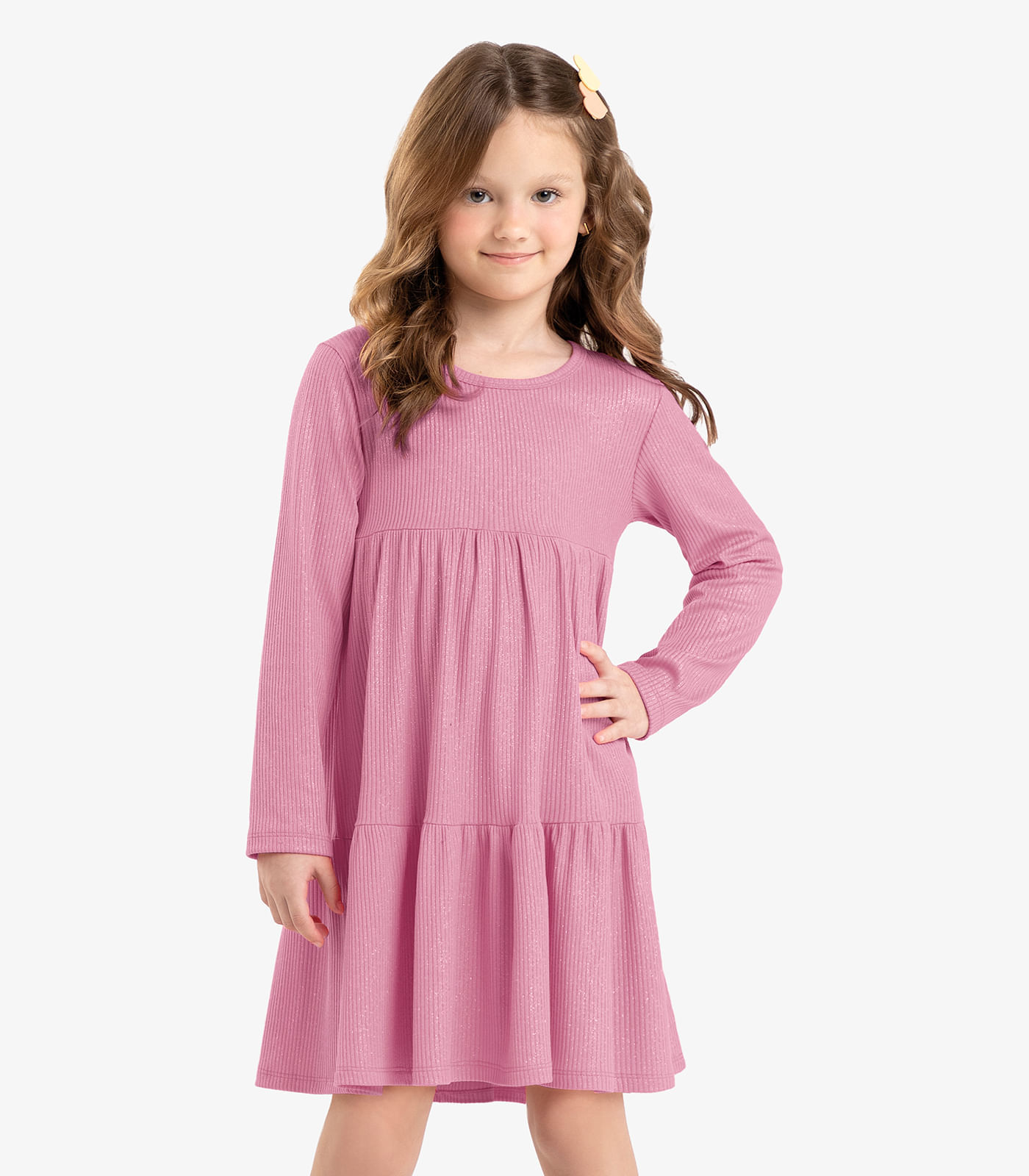 Vestido Infantil Manga Longa Canelado Rovi Kids Rosa 14