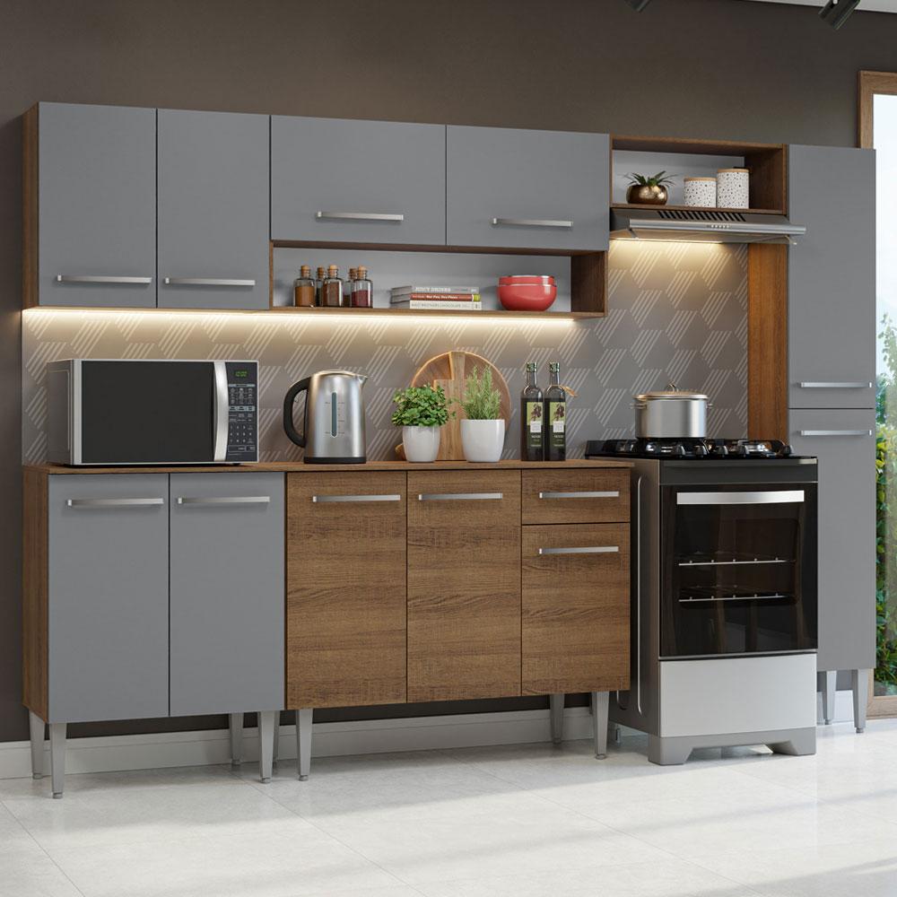 Armário De Cozinha Compacta 261 Cm Rustic/cinza Emilly Madesa 09