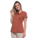 Blusa Feminina Moda Fechamento Longo Botões Brilho Marrom GG