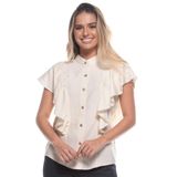 Blusa Feminina Fashion Linho com Babados Gola Alta Off White P