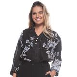 Blusa Feminina Delicada Estampa Florida Botões Pérola Preto M