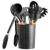 Jogo Utensílios De Cozinha Silicone Premium Cabo De Madeira 12 Peças (preto)