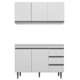 Balcão Gabinete Andréia Com Tampo 120cm 2 Portas E Armário Aéreo 3 Portas Branco - Desk Design