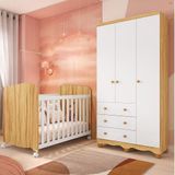 Quarto De Bebê Com Guarda Roupas 3 Portas E Berço Com Rodízio Mimo 100% Mdf Branco Brilho/amêndoa