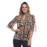 Blusa Estampada Animal Print Manga Três Quartos Babado Marrom G