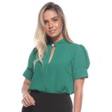 Blusa Feminina Romântica Manga Bufante Gola Alta com Pérola Verde P