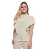 Blusa Feminina Fashion Linho com Babados Gola Alta Verde claro P