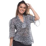 Blusa Estampada Animal Print Manga Três Quartos Babado Cinza G