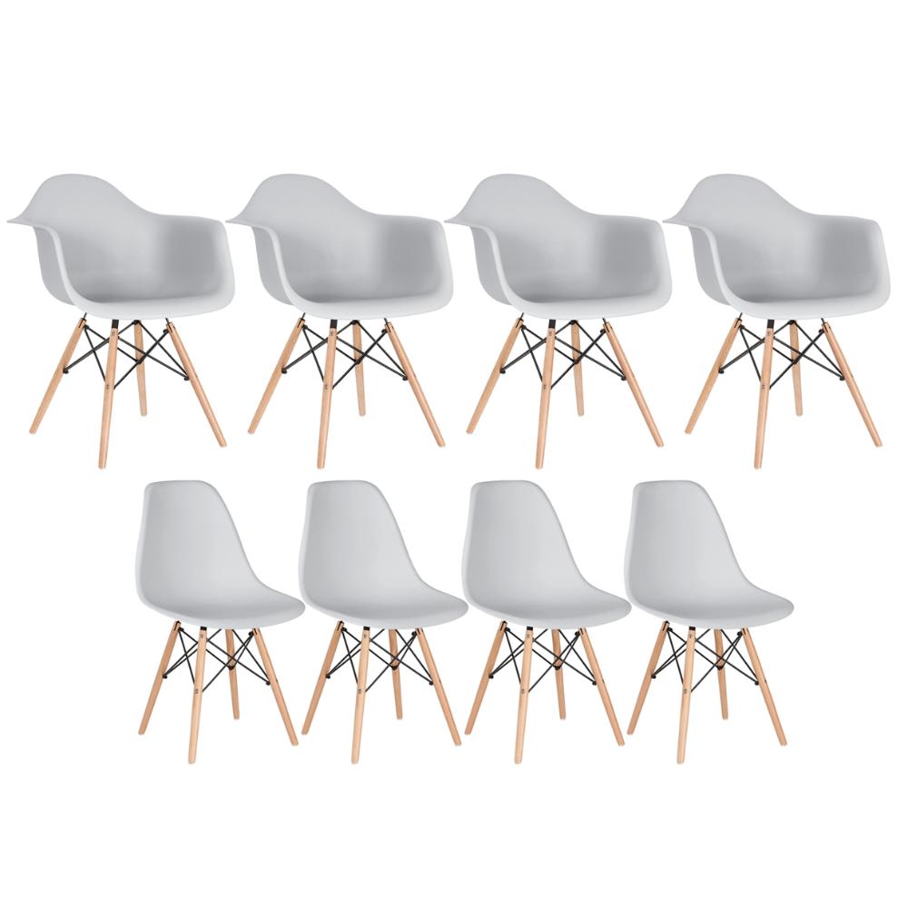 Kit 4 Cadeiras Eames Daw Com Braços + 4 Cadeiras Eiffel Dsw Cinza Claro