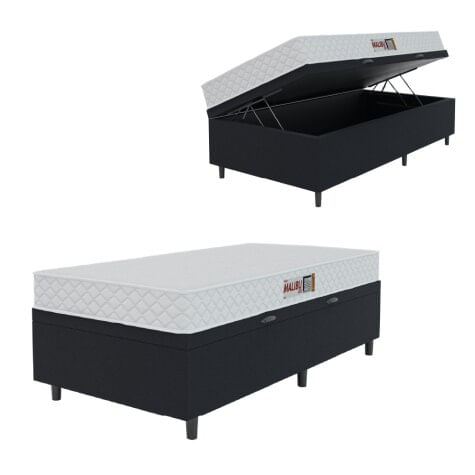 Cama Box Baú Colchão Solteiro Espuma D20 Malibu 88x188x53cm Branco / Preto Hellen