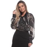 Blusa Feminina Manga Longa Musseline Estampada Animal Print Preto M