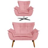 Kit Namoradeira 2 Lugares e 1 Poltrona Decorativa Giratória Cromada Opla Suede Rose - Ibiza