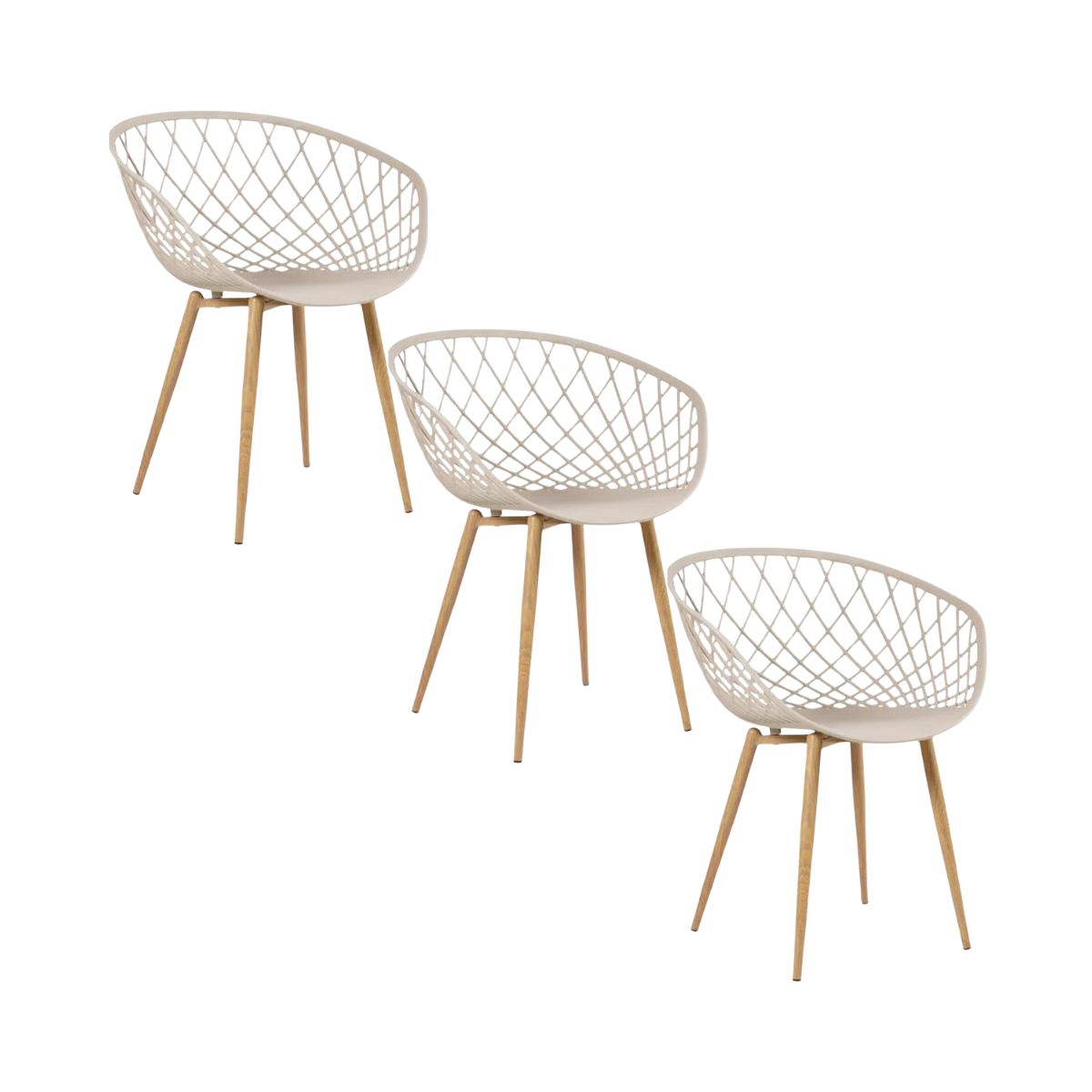 Kit 3 Cadeiras Clarice Nest Wood Com Apoio De Braço - Bege