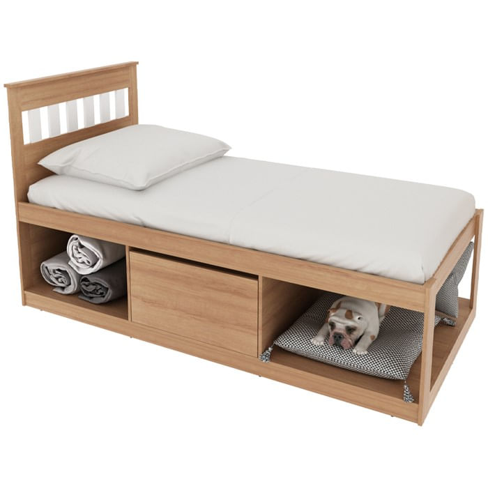 Cama Solteiro 2 Nichos 1 Bau Cm8037 Amendoa Branco Tecno Mobili