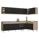 Armário De Cozinha Modulado De Canto 7 Peças Cp36 Com Pia Inox Castanho/preto - Lumil