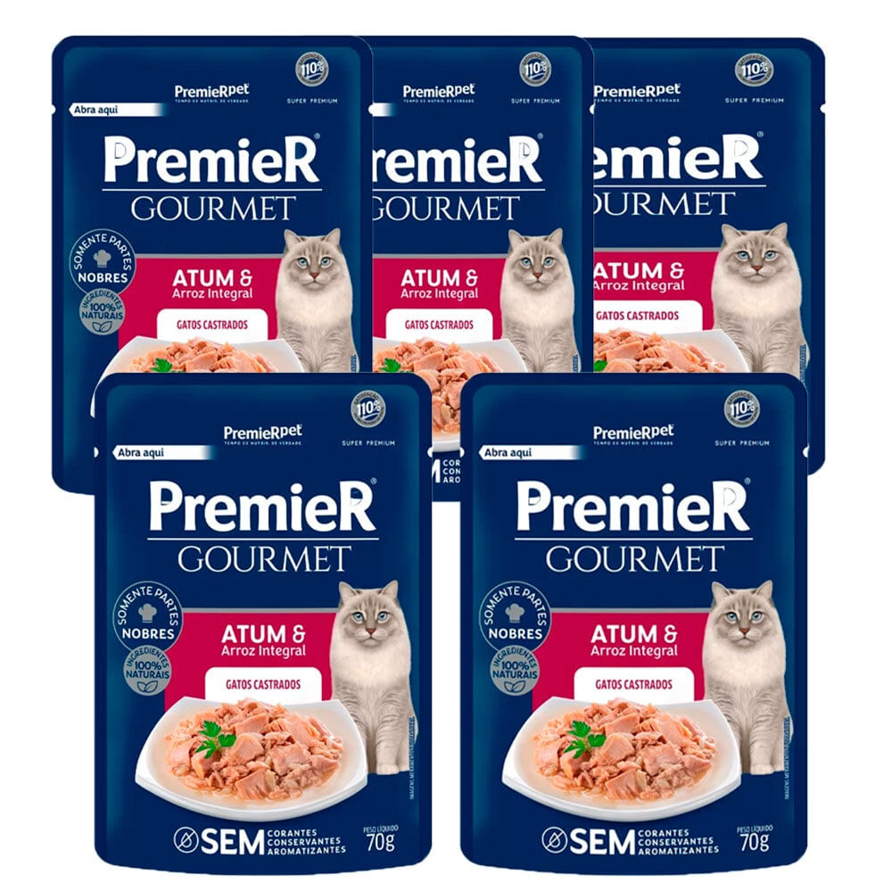 Kit 5 Rações Úmidas Sachê Premier Gourmet Gatos Castrados Atum E Arroz Integral 70g