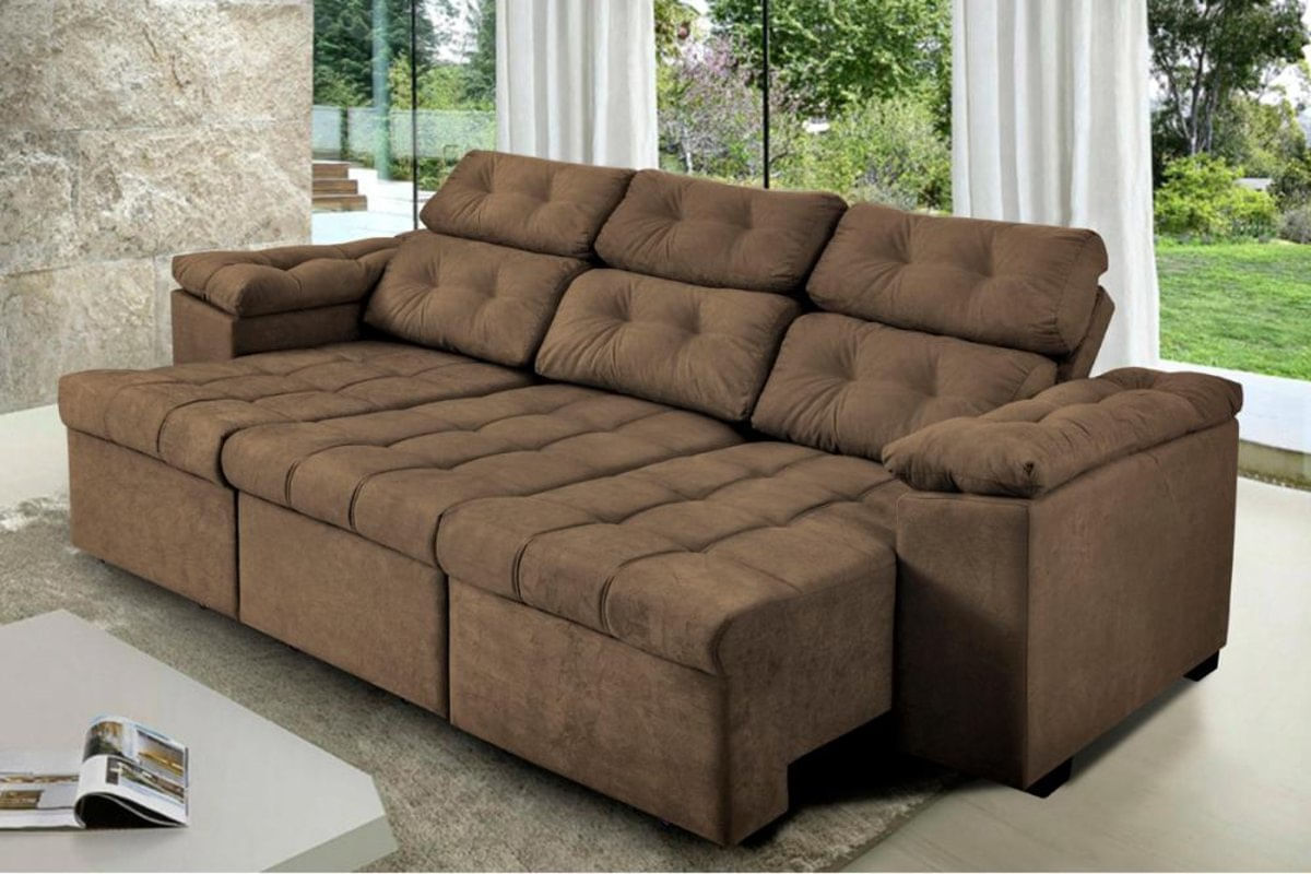 Sofa Itália 2,02 Mts Retrátil e Reclinavel Tecido Suede Café - Cama InBox