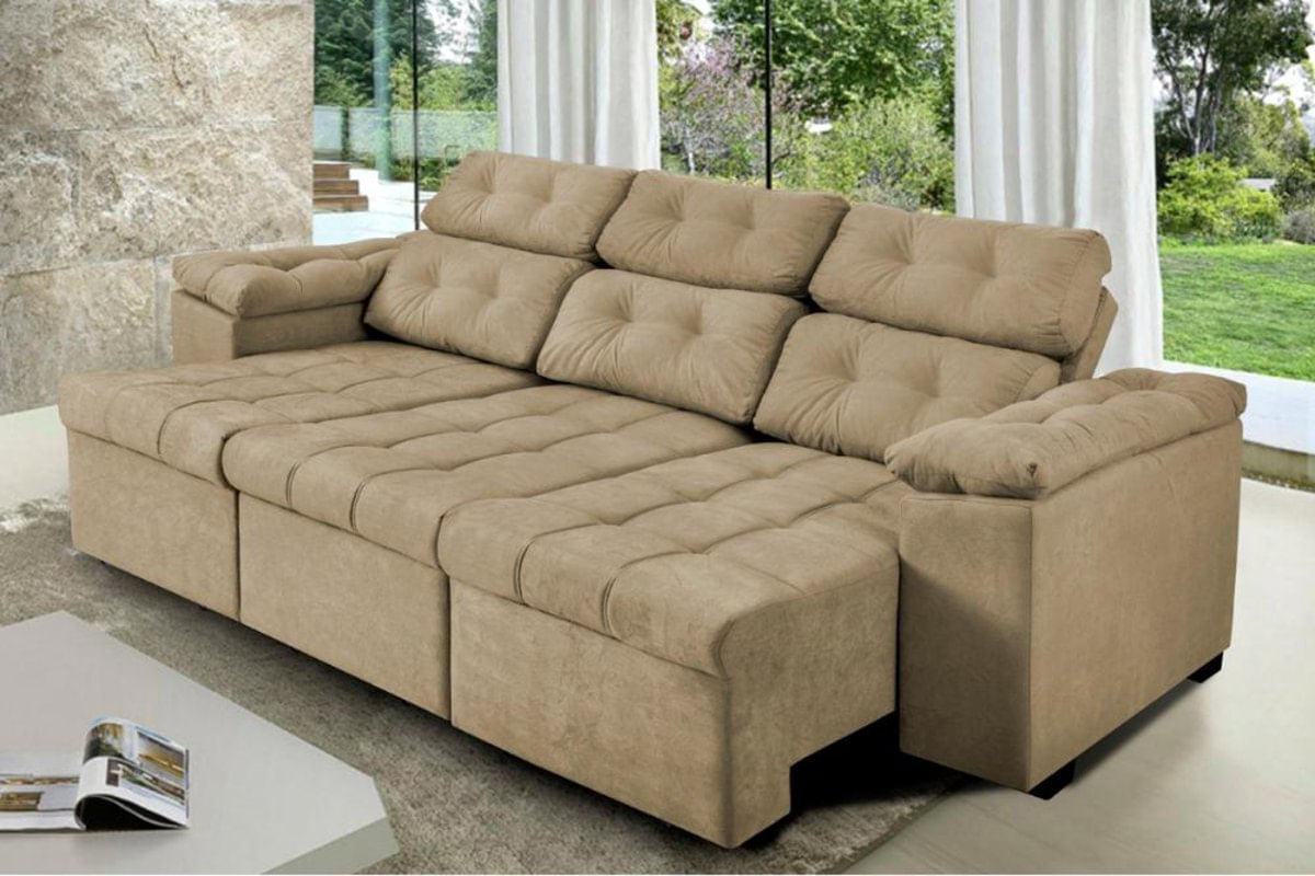 Sofa Itália 2,62 Mts Retrátil e Reclinavel Tecido Suede Castor - Cama InBox