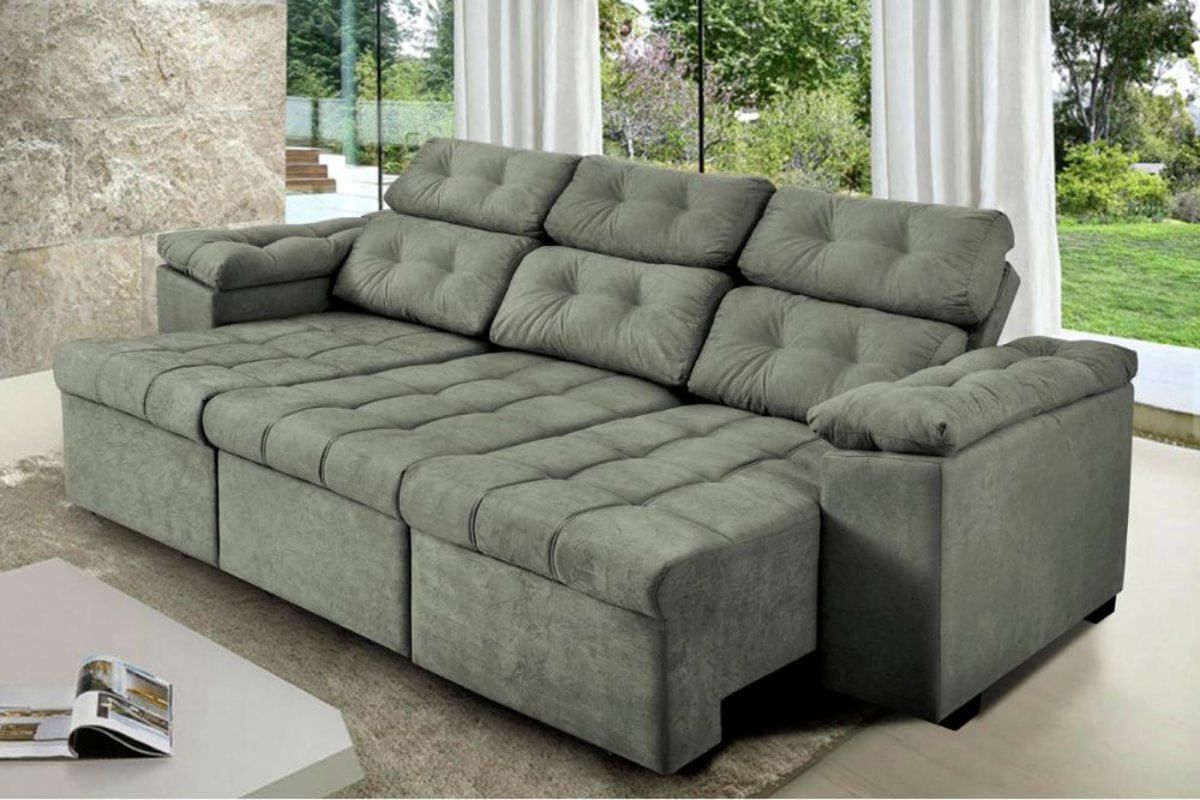 Sofa Itália 2,42 Mts Retrátil e Reclinavel Tecido Suede Cinza - Cama InBox