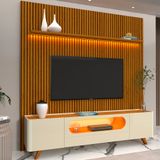 Painel E Rack Requinte 220 Impressão 3d Com Led Pés De Madeira Naturale Off White - Gelius