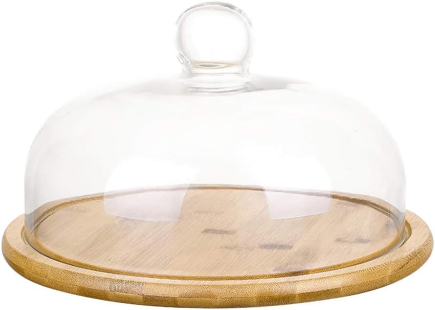 Suporte Para Bolo De Bambu Com Cúpula De Vidro Cake Dome De 20 Cm Cloche De Vidro