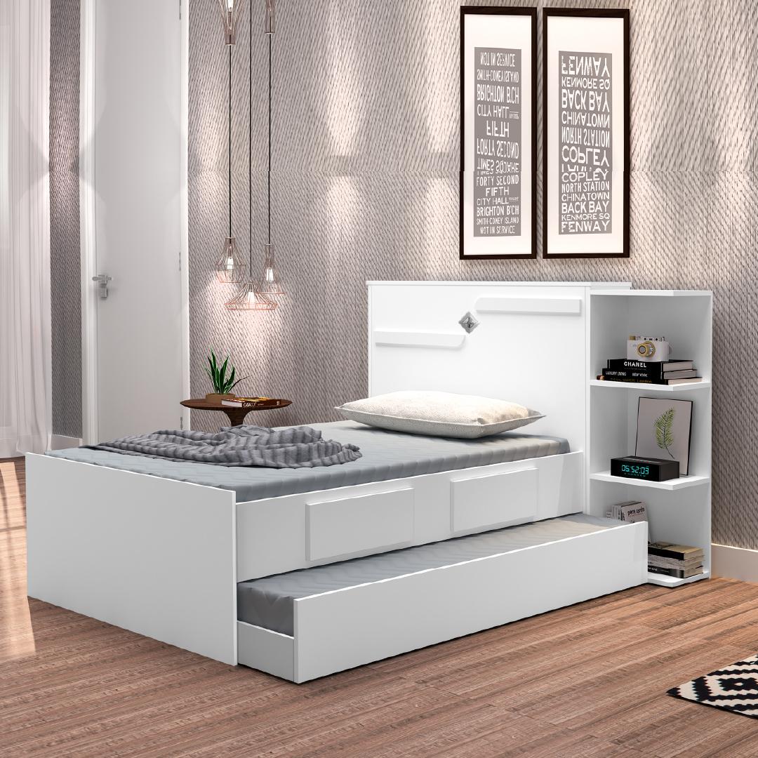 Cama Solteiro Cabeceira Baú Com Cama Auxiliar 0,88m 2 Gavetas Hortencia Branco / Branco Lilás Flex