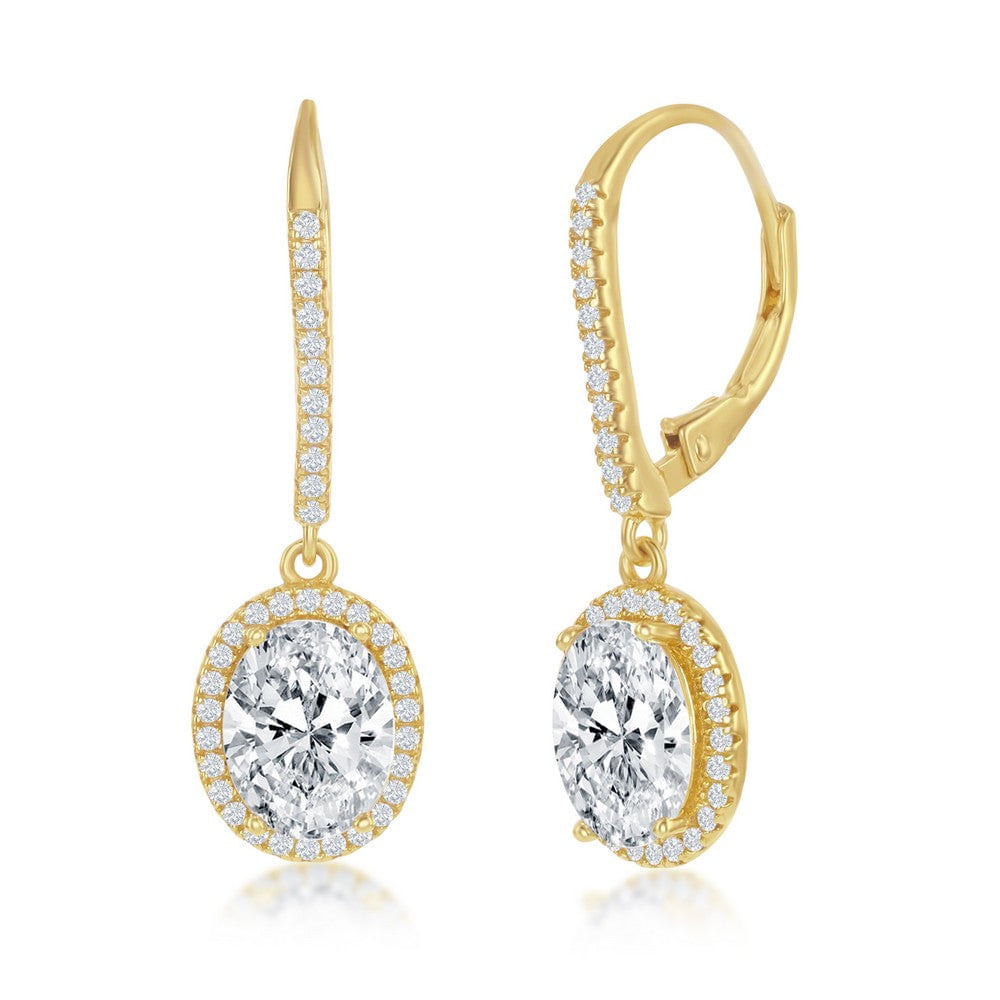 Brincos Oval Oval Cz Halo Dangling De Prata Esterlina - Banhado A Ouro